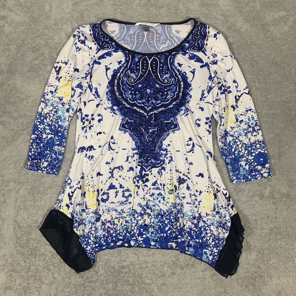 Peter Nygard Tunic Top Jeweled Blue White Damask 3/4 Sleeve Size PS